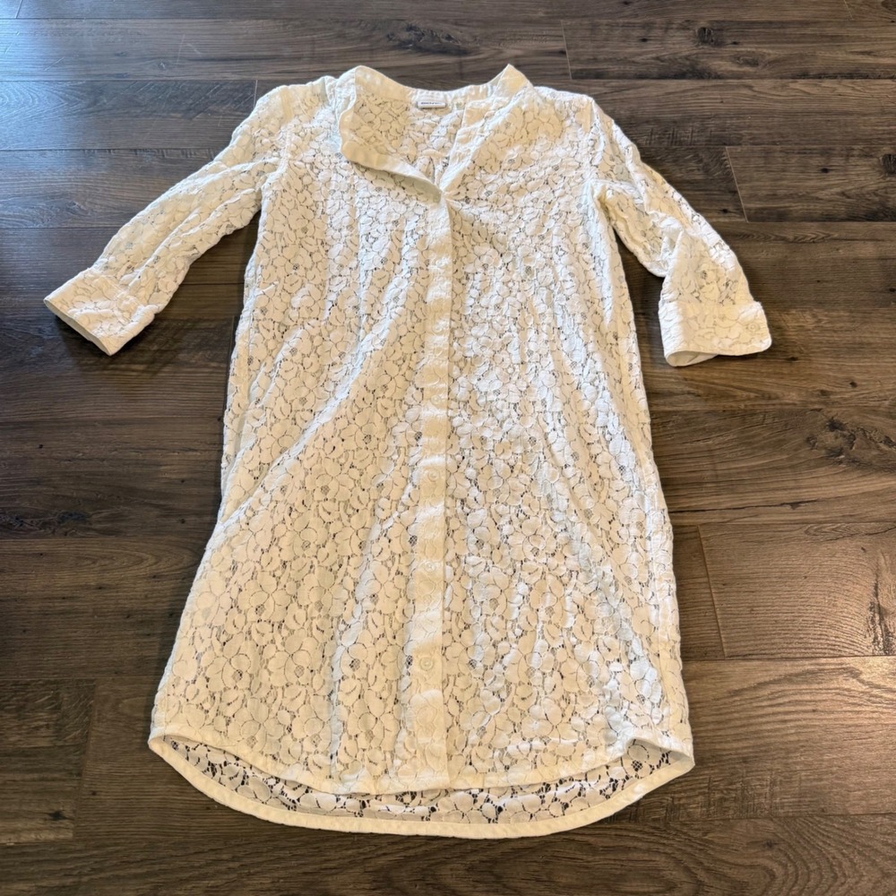 DKNYC Womens White Floral Lace Button Front‎ Shirt Dress XS 3/4 Sleeve Mini